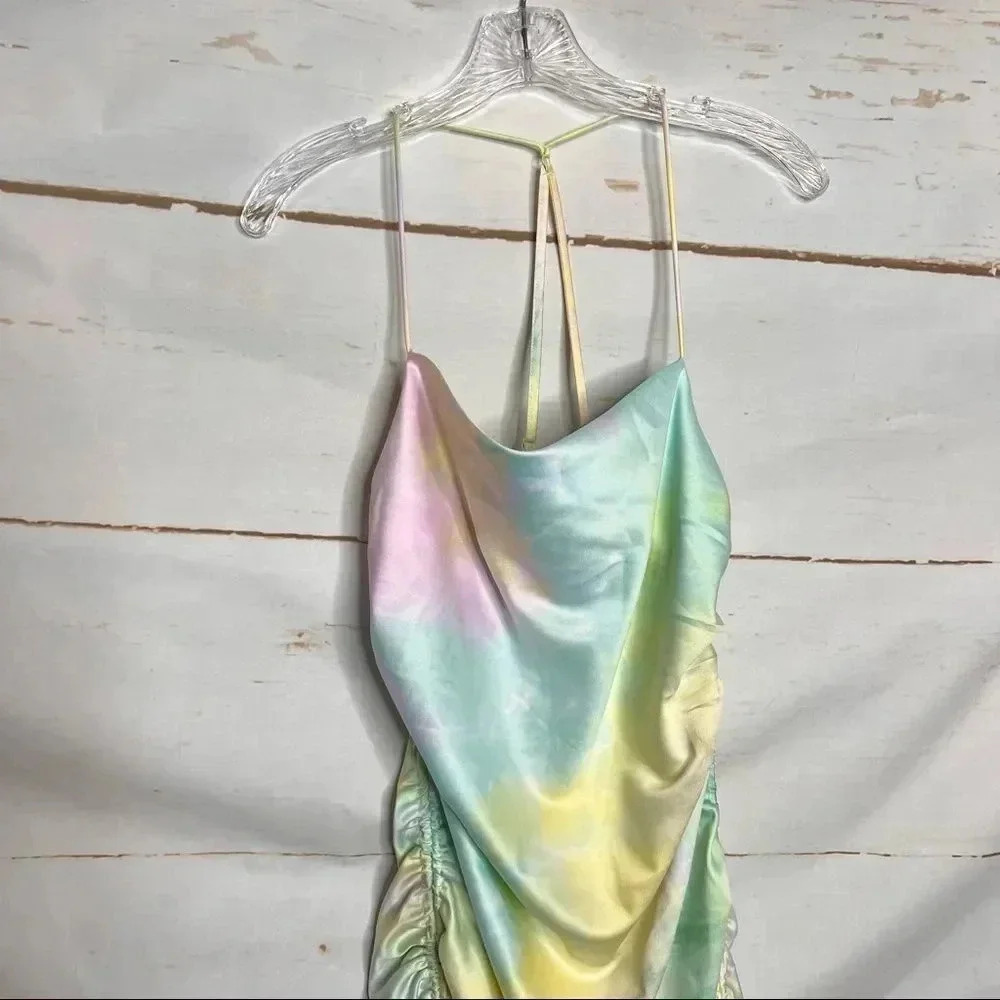 DO + BE Side Ruched Tie Dye Dress Size Medium Adjustable Straps Square Neck